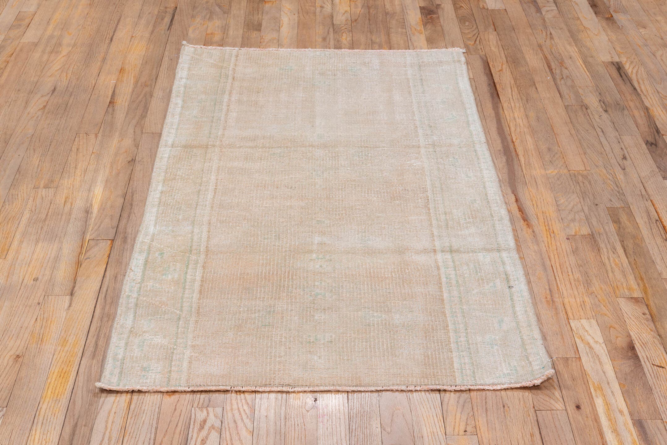 2' x 5' one-of-a-kind handmade vintage Oushak small size rug. Color palette: blush, ivory, cream, taupe, sage, pink, beige