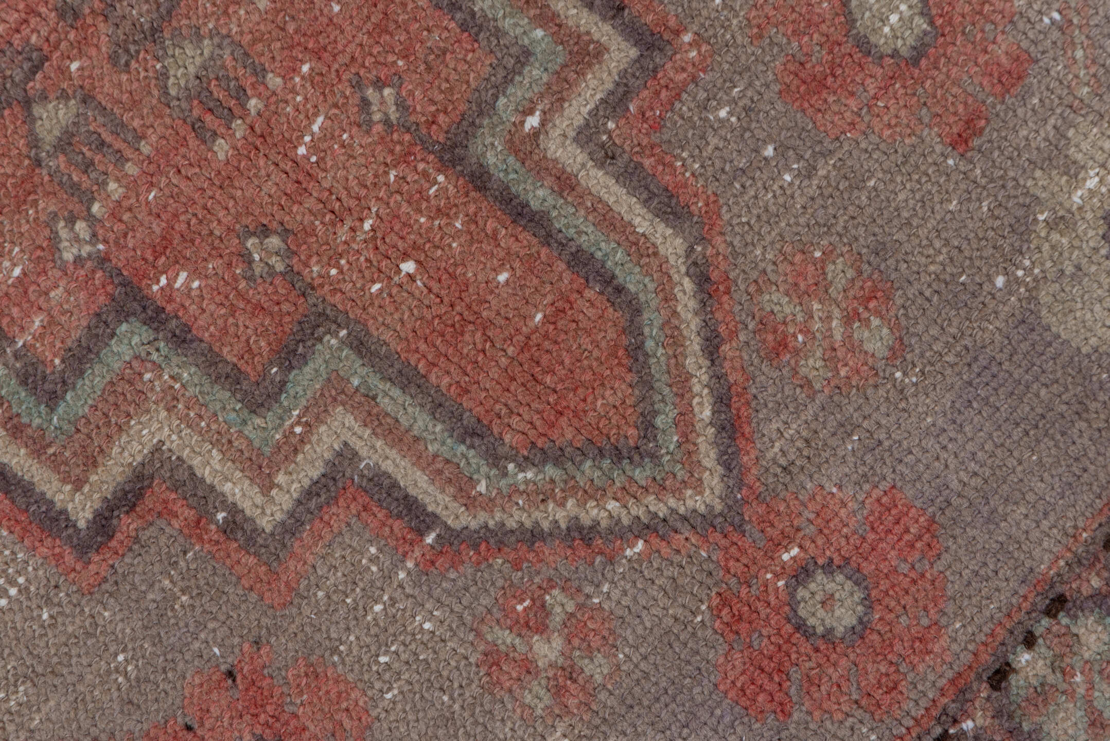 3' x 6' one-of-a-kind handmade vintage Oushak small size rug. Color palette: brown, gray, off-white, pink, snow, white