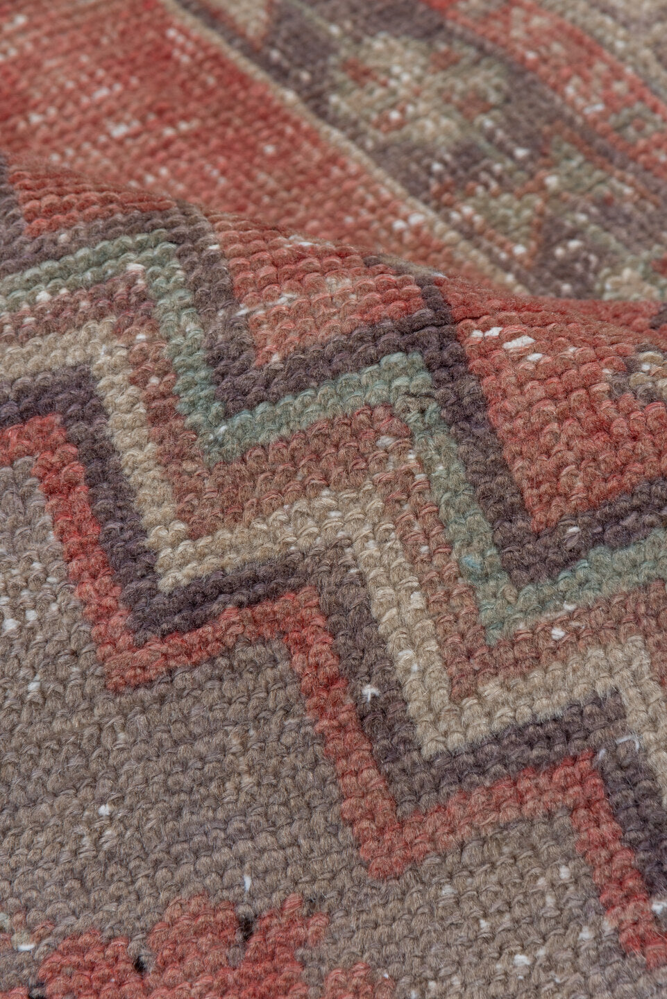 3' x 6' one-of-a-kind handmade vintage Oushak small size rug. Color palette: brown, gray, off-white, pink, snow, white