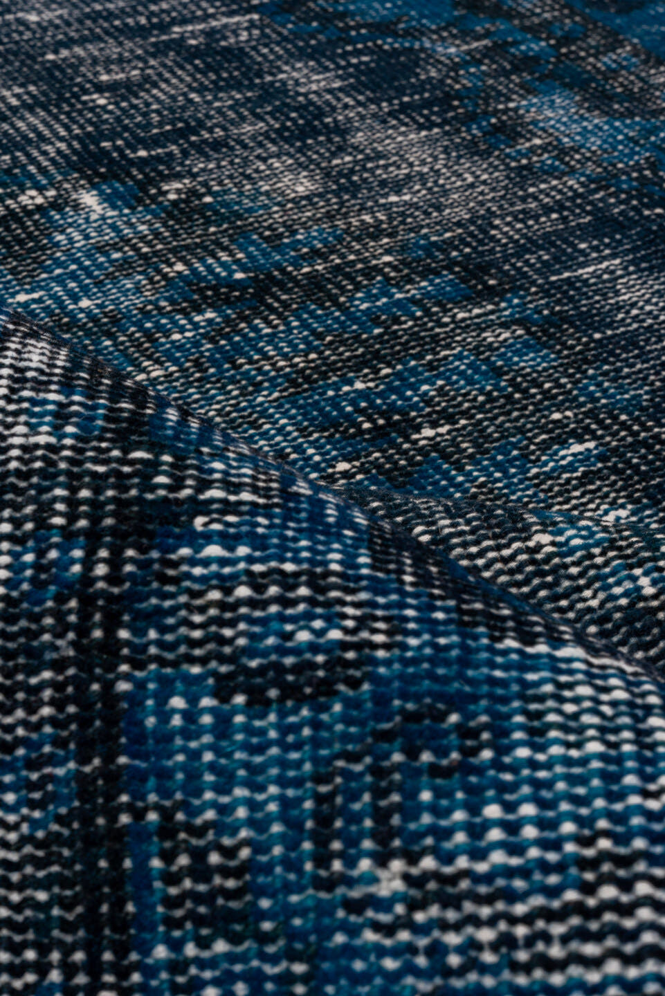 3' x 6' one-of-a-kind handmade vintage Overdyed small size rug. Color palette: blue, charcoal, slate, ivory, gray, black