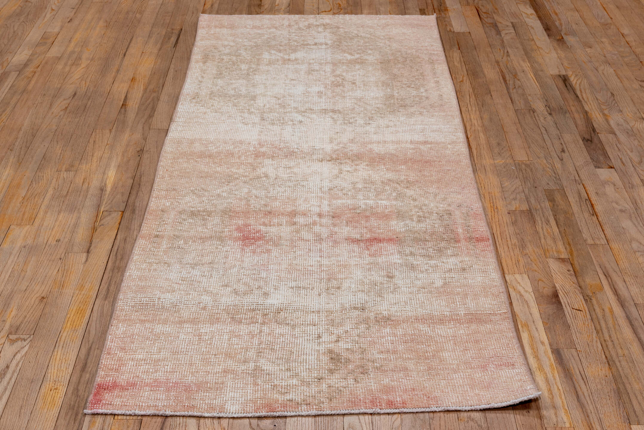 3' x 7' one-of-a-kind handmade vintage Oushak runner rug. Color palette: blush, ivory, beige, rose, taupe, pink, red, gray