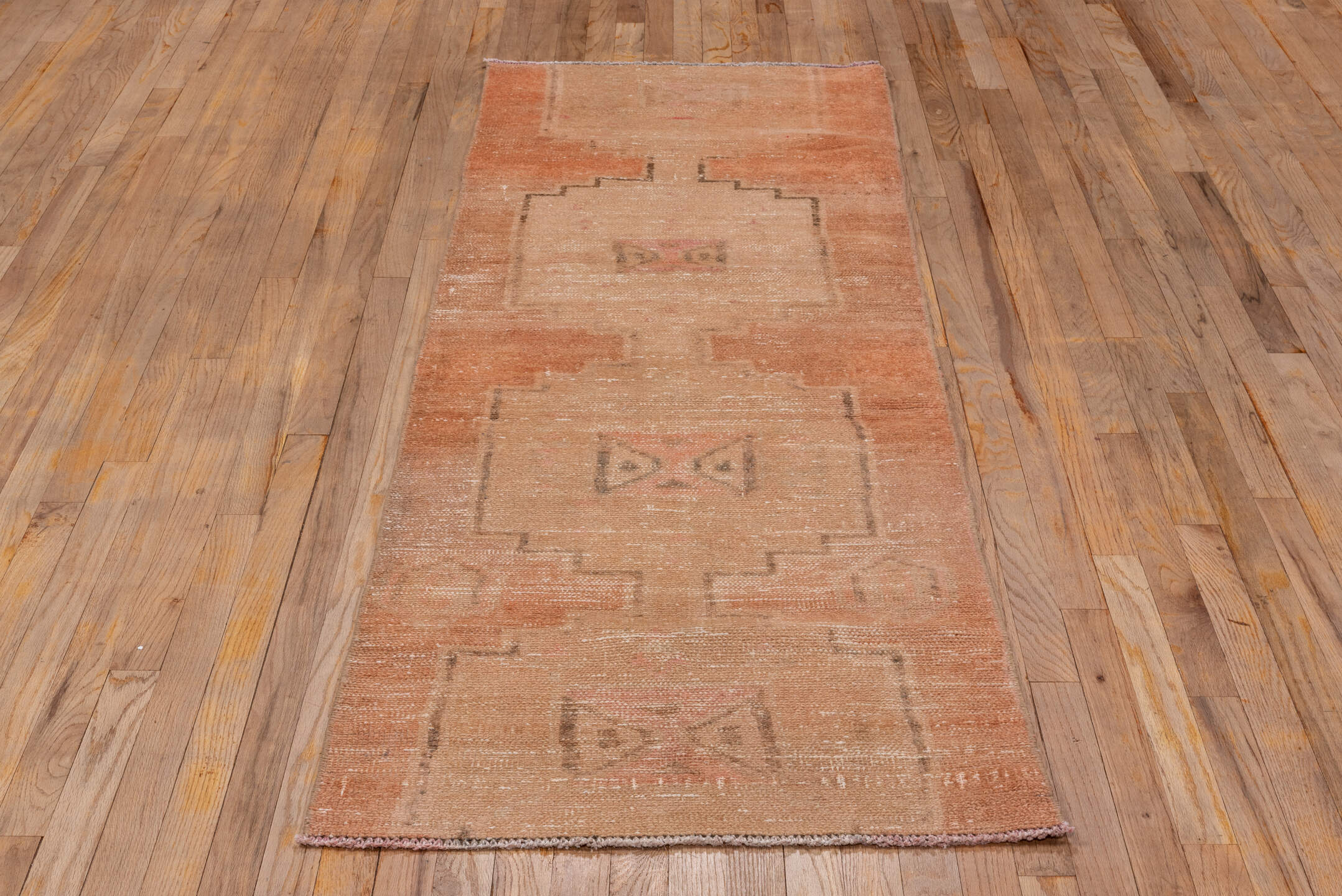 2' x 7' one-of-a-kind handmade vintage Oushak runner rug. Color palette: blush, peach, ivory, taupe, rose, pink, terracotta