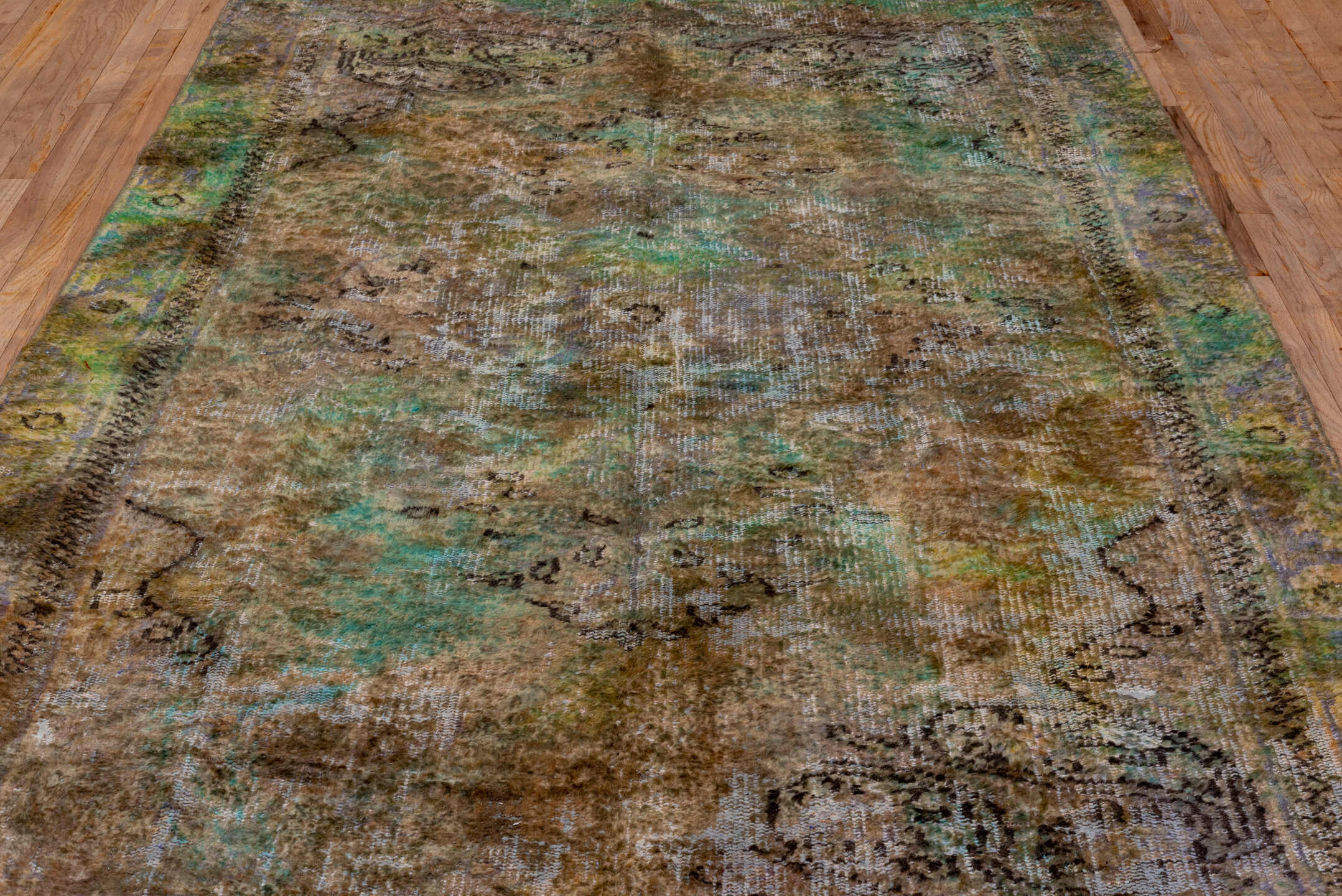 5' x 9' one-of-a-kind handmade vintage Overdyed medium size rug. Color palette: taupe, brown, aqua, sage, ivory, olive