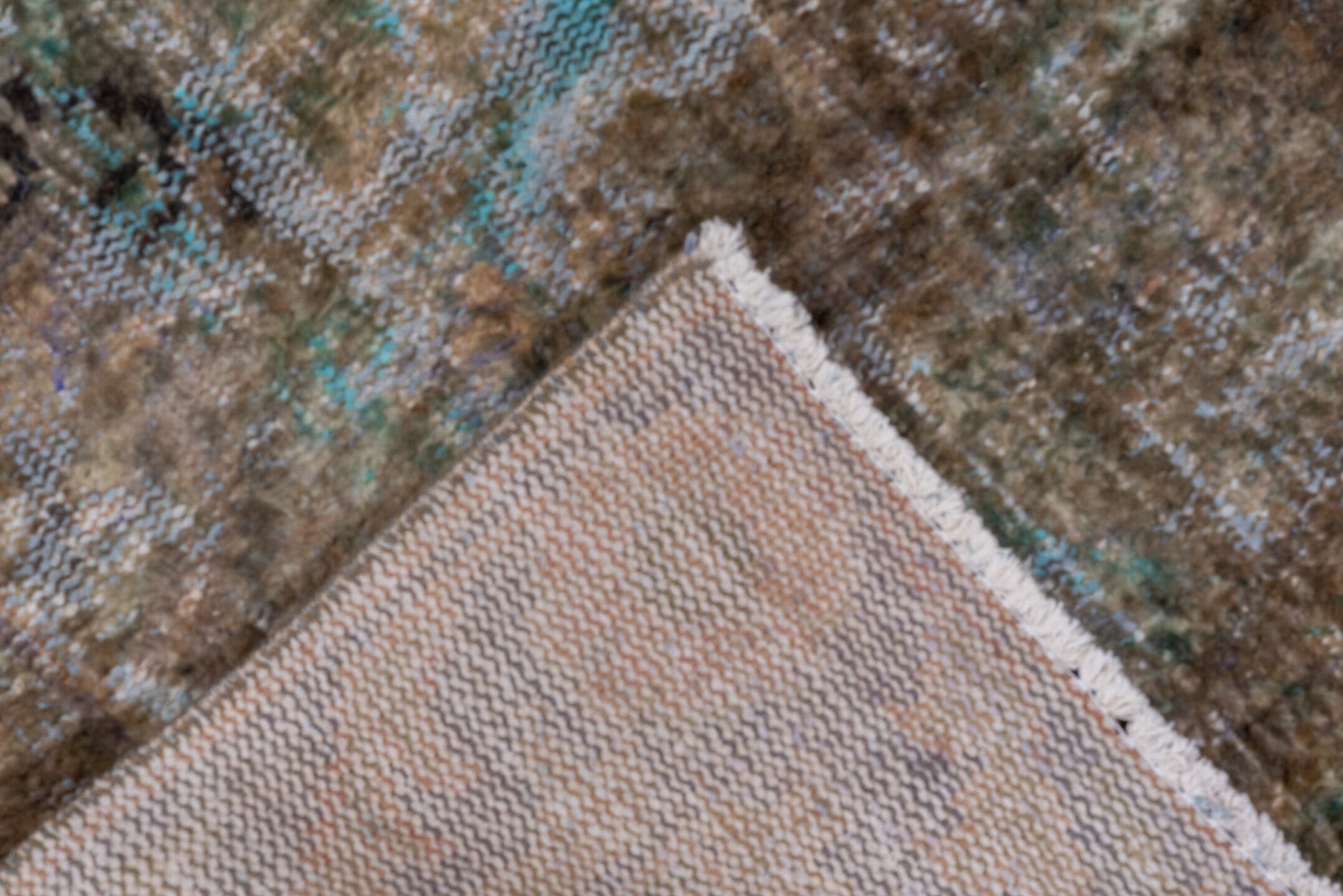 5' x 9' one-of-a-kind handmade vintage Overdyed medium size rug. Color palette: taupe, brown, aqua, sage, ivory, olive