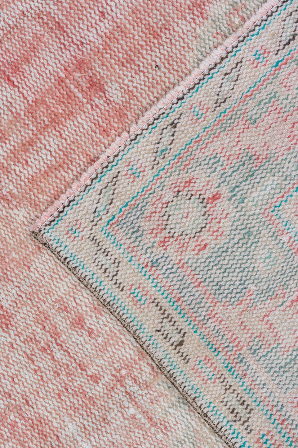6' x 9' one-of-a-kind handmade vintage Oushak medium size rug. Color palette: blush, ivory, taupe, pale blue, sage, rose