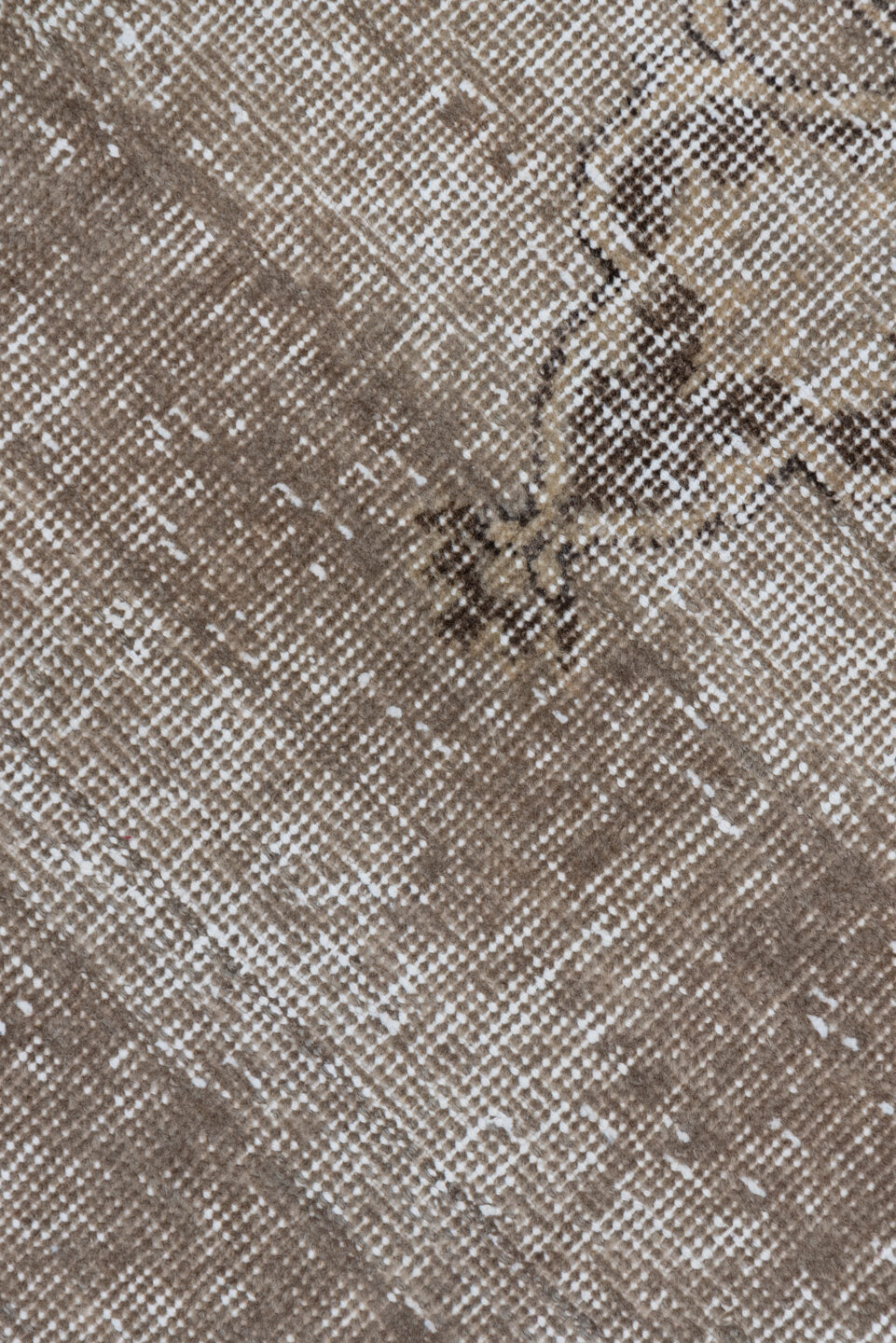 4' x 8' one-of-a-kind handmade vintage Oushak rug. Color palette: brown, gray, light gray, linen, off-white, pink