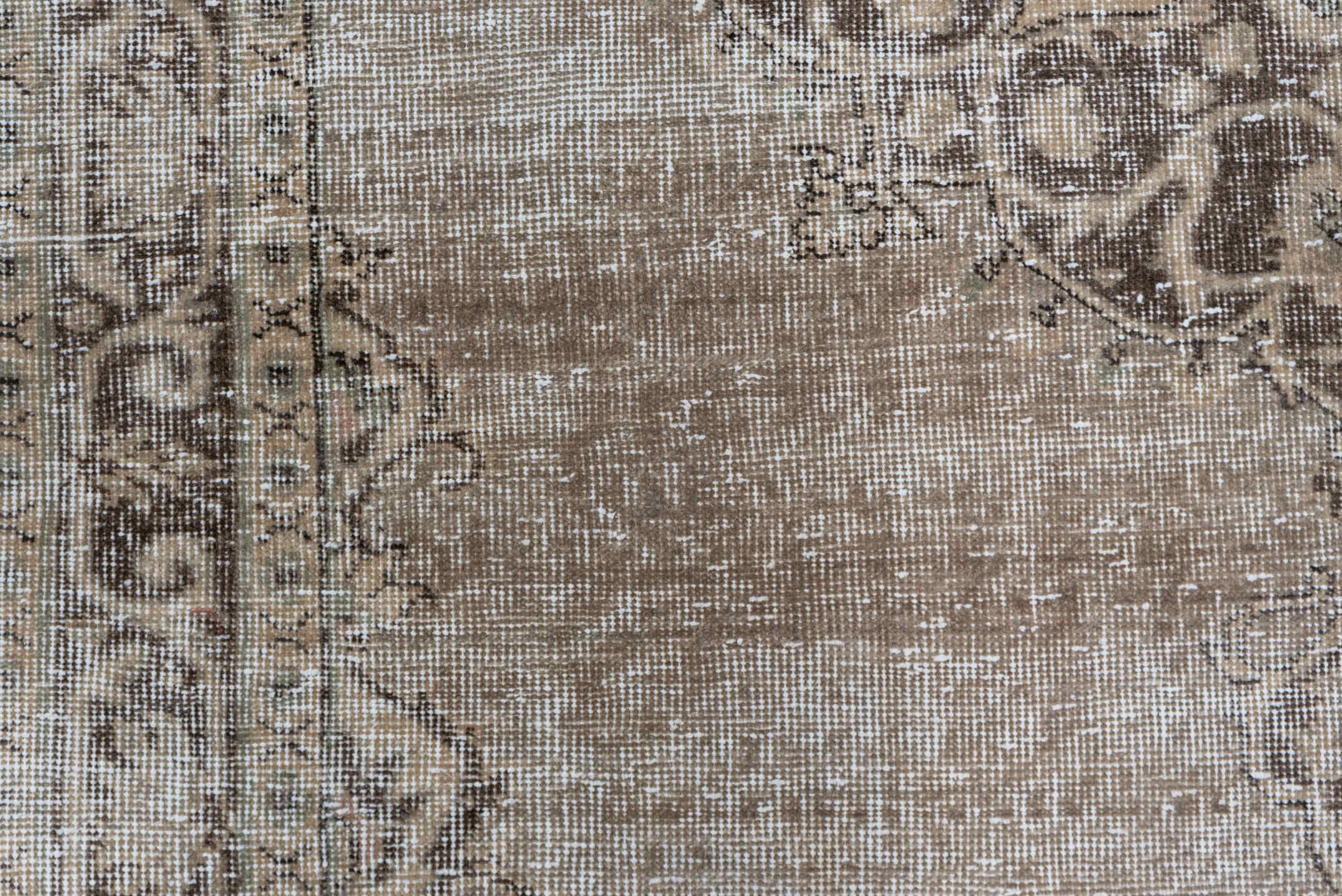 4' x 8' one-of-a-kind handmade vintage Oushak rug. Color palette: brown, gray, light gray, linen, off-white, pink