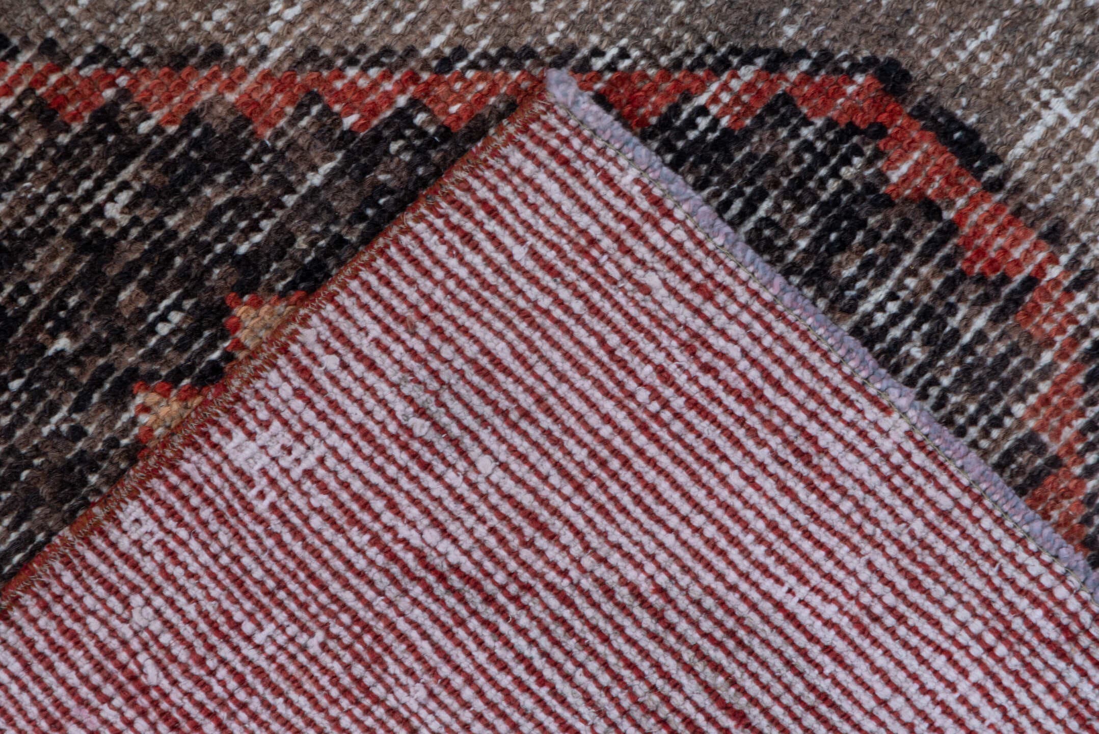 3' x 13' one-of-a-kind handmade vintage Oushak runner rug. Color palette: coral, charcoal, taupe, rose, ivory, terracotta