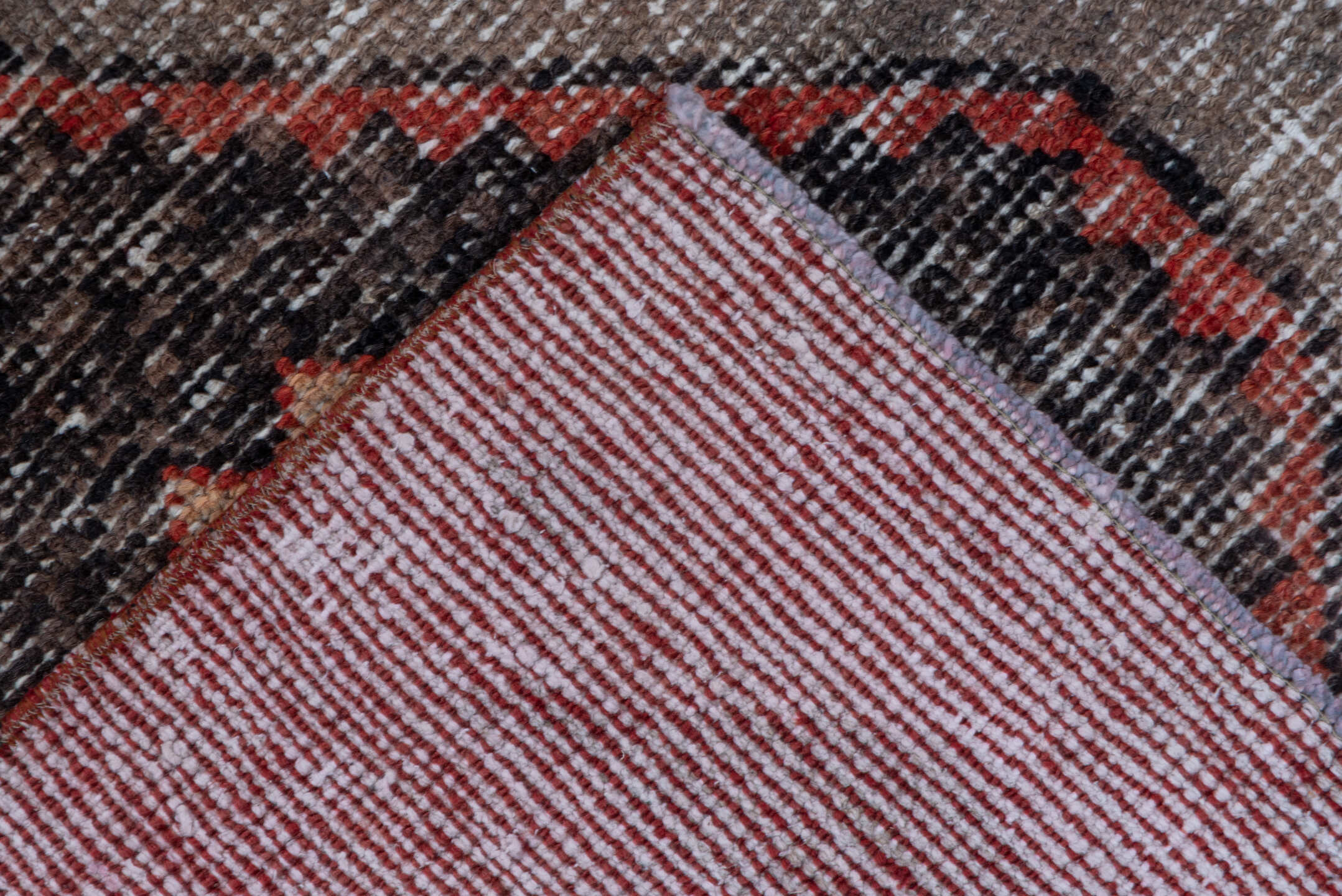 3' x 13' one-of-a-kind handmade vintage Oushak runner rug. Color palette: coral, charcoal, taupe, rose, ivory, terracotta