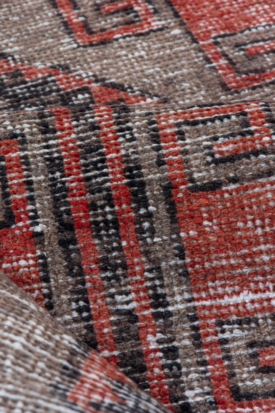 3' x 13' one-of-a-kind handmade vintage Oushak runner rug. Color palette: brown, gray, pink, red, redwood