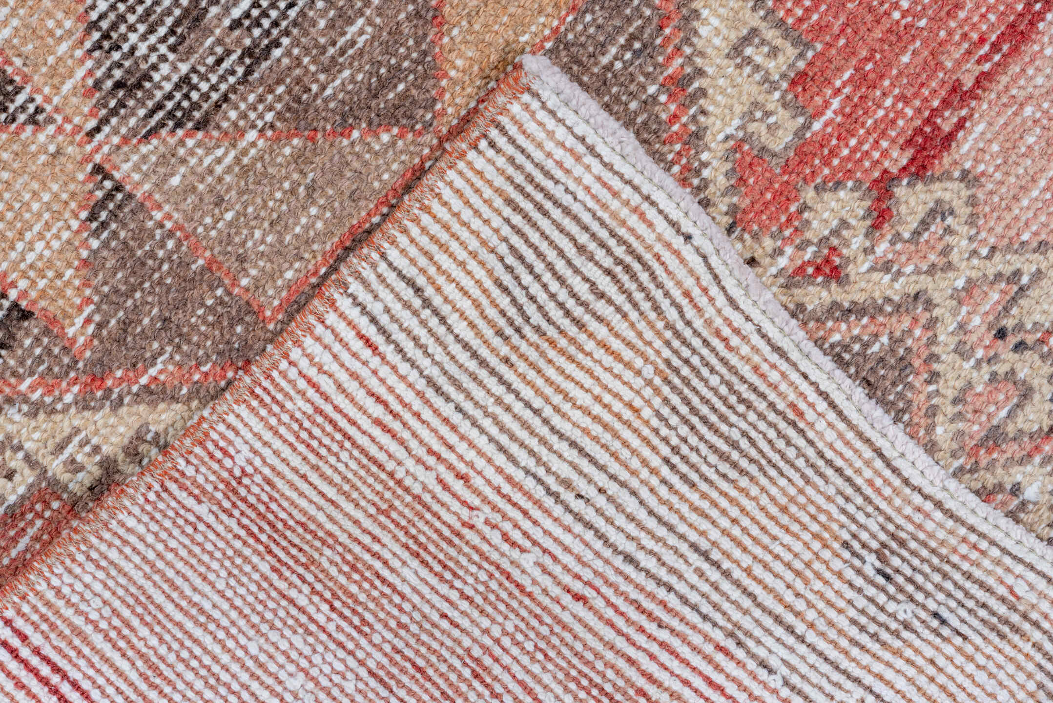 2' x 12' one-of-a-kind handmade vintage Oushak runner rug. Color palette: brown, gray, light gray, pink