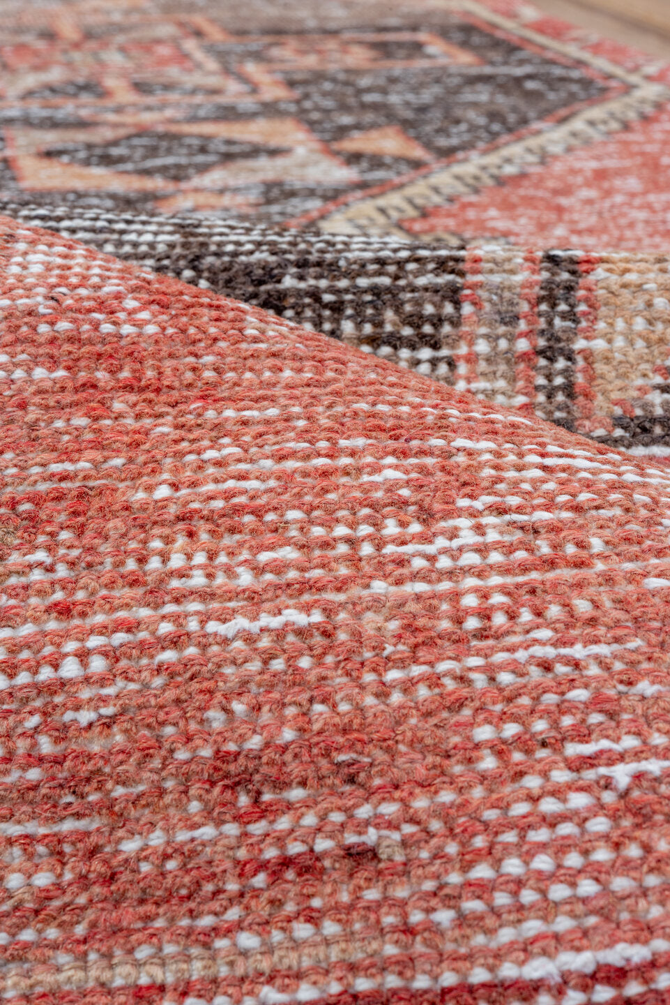 2' x 12' one-of-a-kind handmade vintage Oushak runner rug. Color palette: brown, gray, light gray, pink