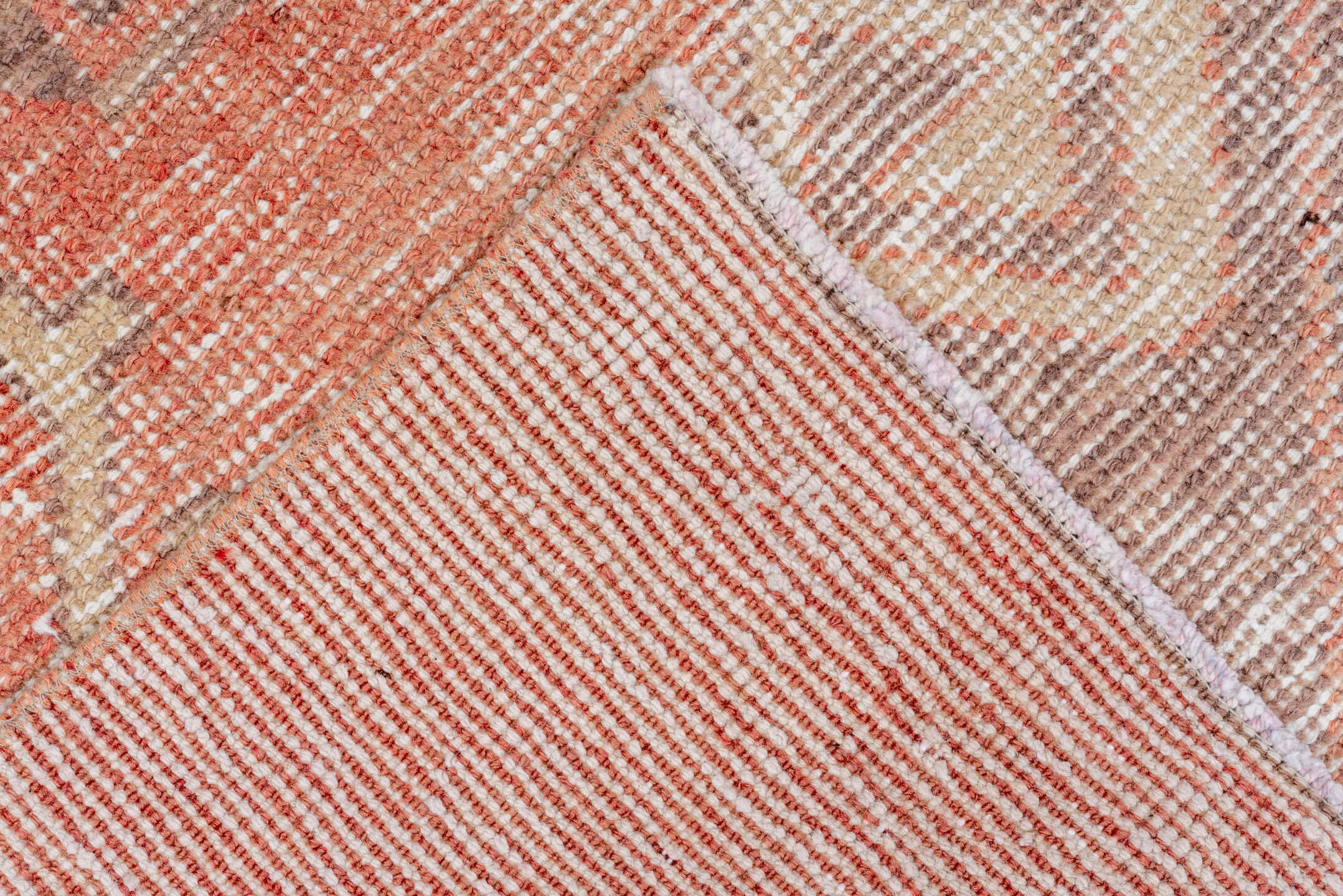 2' x 10' one-of-a-kind handmade vintage Oushak runner rug. Color palette: brown, off-white, orange, pink, snow, white