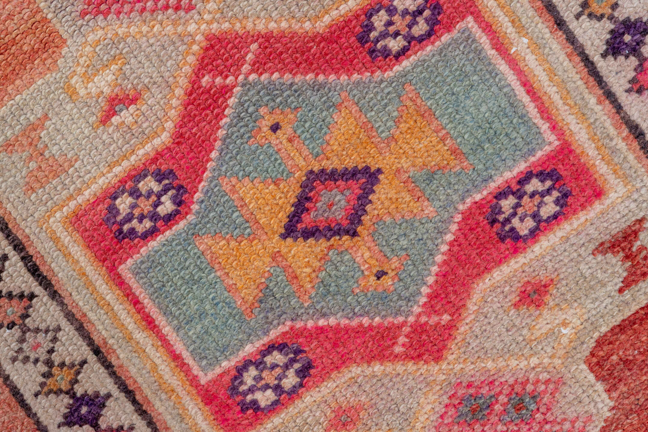 2' x 10' one-of-a-kind handmade vintage Oushak runner rug. Color palette: rose, rust, peach, ivory, plum, terra cotta, sage