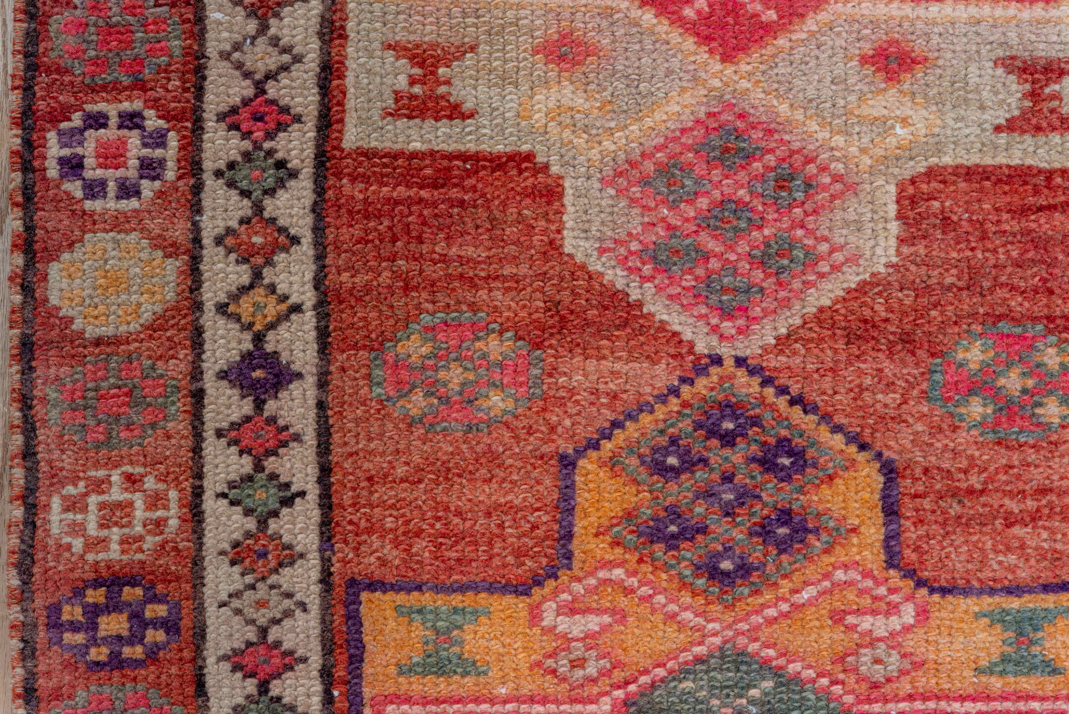 2' x 10' one-of-a-kind handmade vintage Oushak runner rug. Color palette: rose, rust, peach, ivory, plum, terra cotta, sage