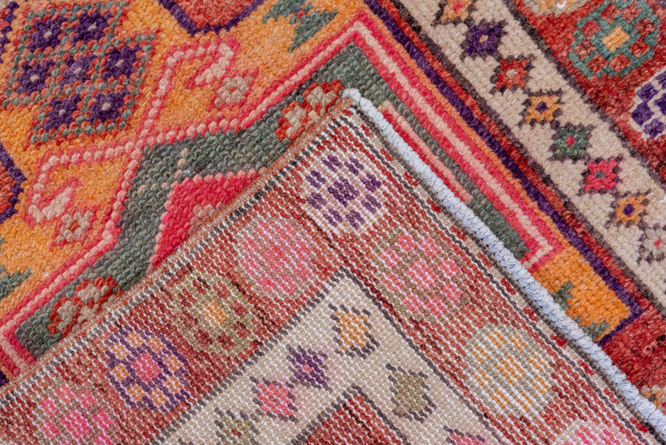 2' x 10' one-of-a-kind handmade vintage Oushak runner rug. Color palette: rose, rust, peach, ivory, plum, terra cotta, sage