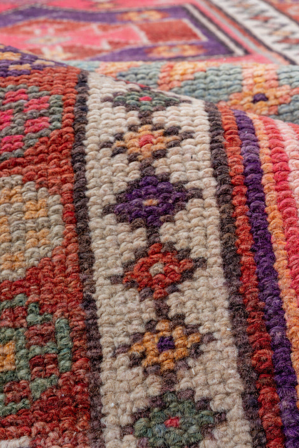 2' x 10' one-of-a-kind handmade vintage Oushak runner rug. Color palette: rose, rust, peach, ivory, plum, terra cotta, sage