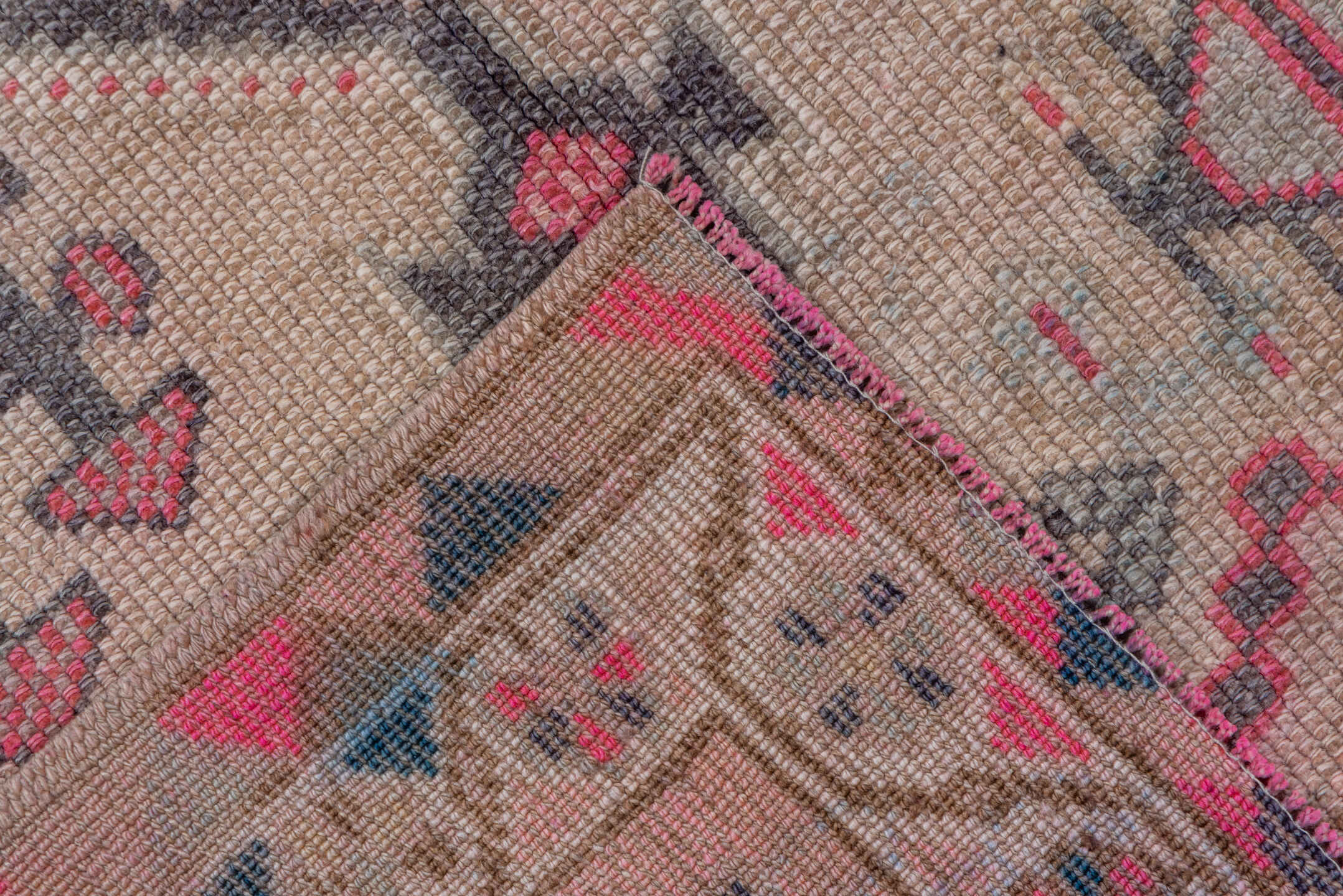 2' x 12' one-of-a-kind handmade vintage Oushak runner rug. Color palette: ivory, blush, rose, charcoal, taupe, coral, pink