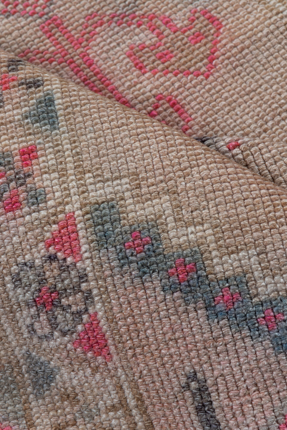 2' x 12' one-of-a-kind handmade vintage Oushak runner rug. Color palette: brown, gray, light gray, off-white, pink, red