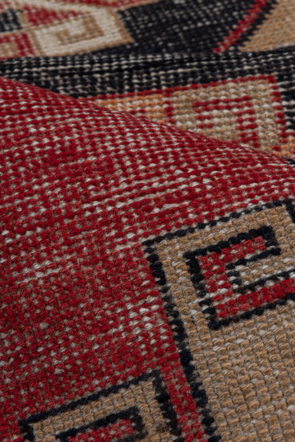 2' x 7' one-of-a-kind handmade vintage Oushak runner rug. Color palette: red, charcoal, ivory, rose, taupe, gray, black