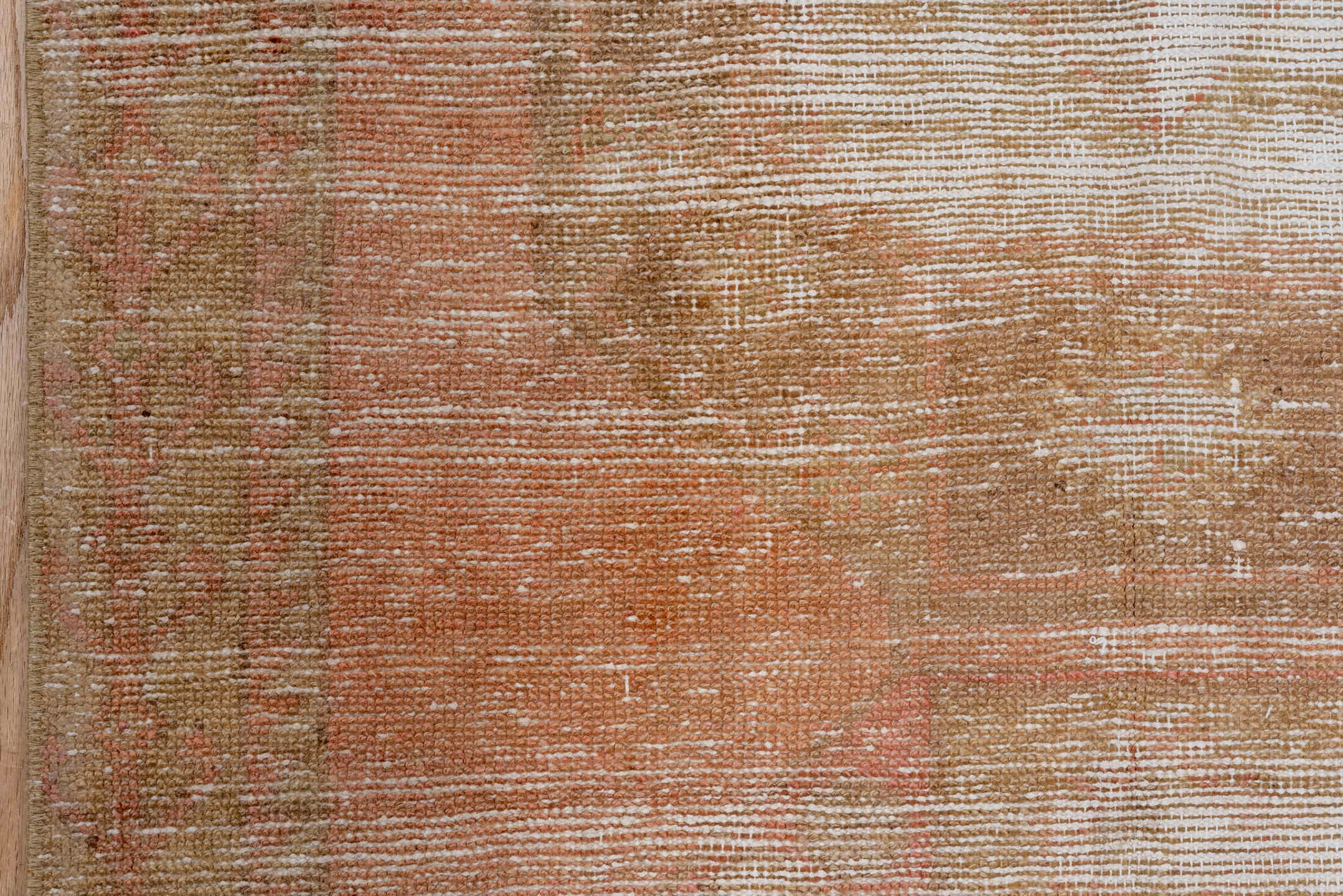 3' x 11' one-of-a-kind handmade vintage Oushak runner rug. Color palette: blush, beige, taupe, ivory, rose, sage, brown