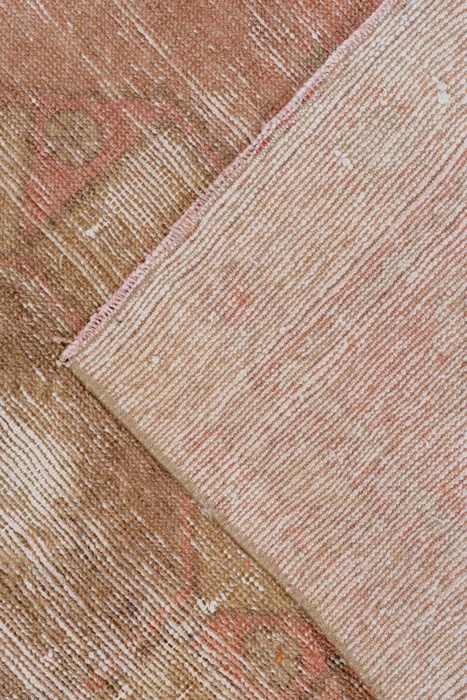 3' x 11' one-of-a-kind handmade vintage Oushak runner rug. Color palette: blush, beige, taupe, ivory, rose, sage, brown