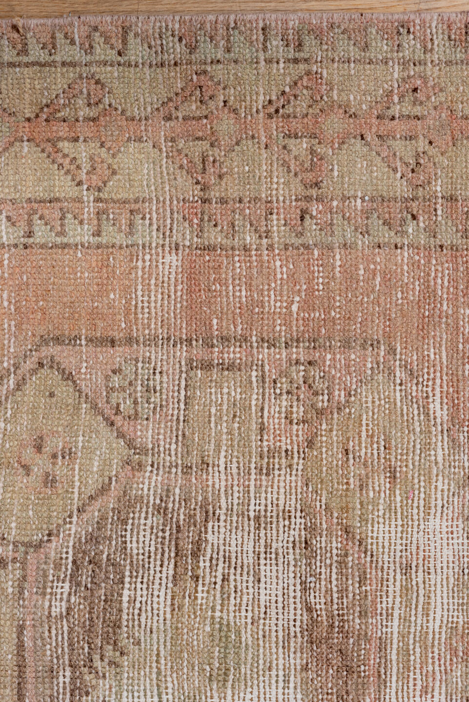 3' x 11' one-of-a-kind handmade vintage Oushak runner rug. Color palette: blush, ivory, taupe, rose, beige, camel, sienna