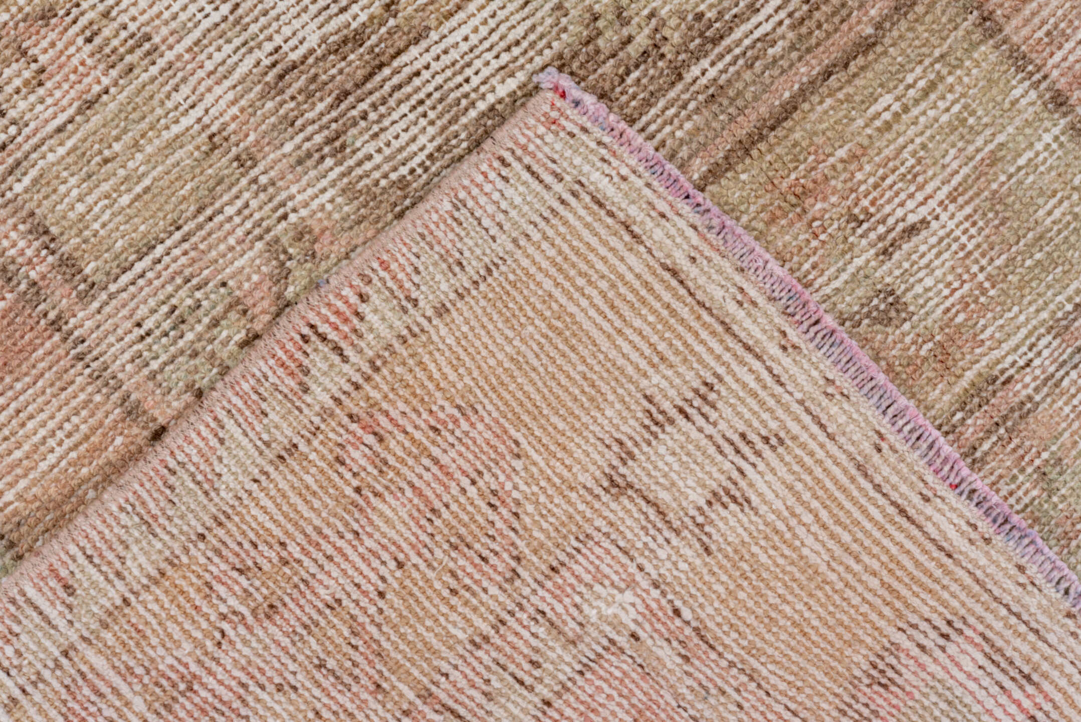 3' x 11' one-of-a-kind handmade vintage Oushak runner rug. Color palette: blush, ivory, taupe, rose, beige, camel, sienna