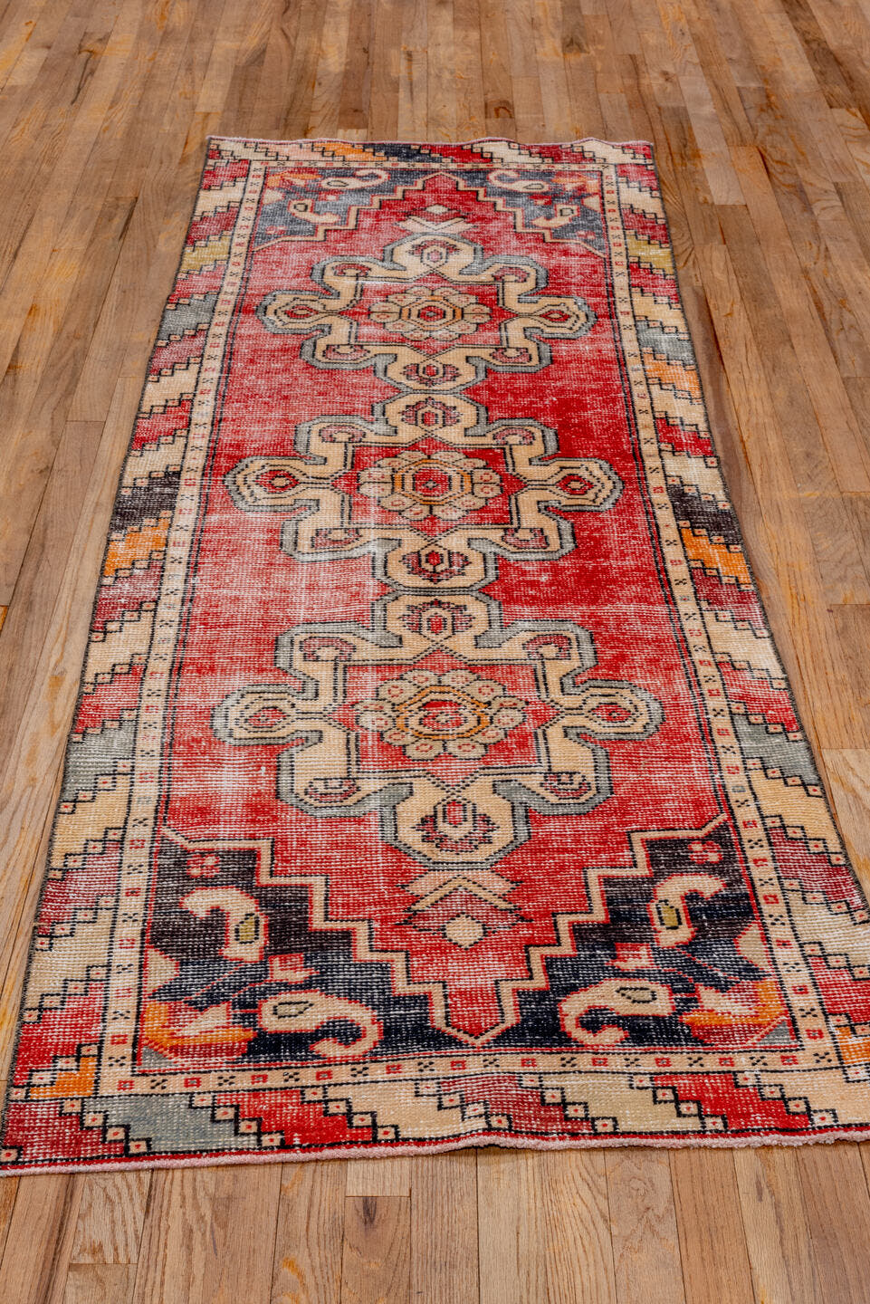 2' x 8' one-of-a-kind handmade vintage Oushak runner rug. Color palette: coral, ivory, slate, charcoal, peach, rose, taupe