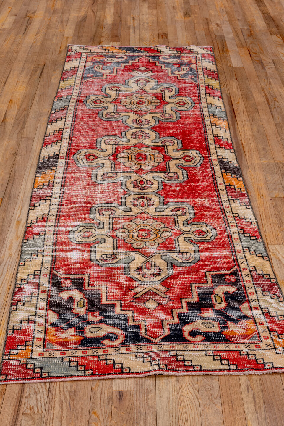 2' x 8' one-of-a-kind handmade vintage Oushak runner rug. Color palette: brown, gray, indian red, light gray, off-white