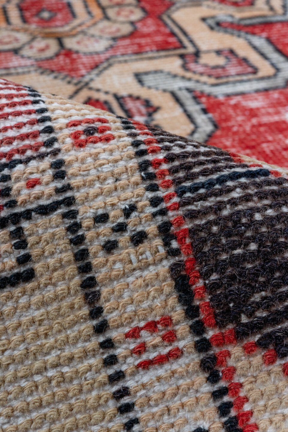 2' x 8' one-of-a-kind handmade vintage Oushak runner rug. Color palette: coral, ivory, slate, charcoal, peach, rose, taupe