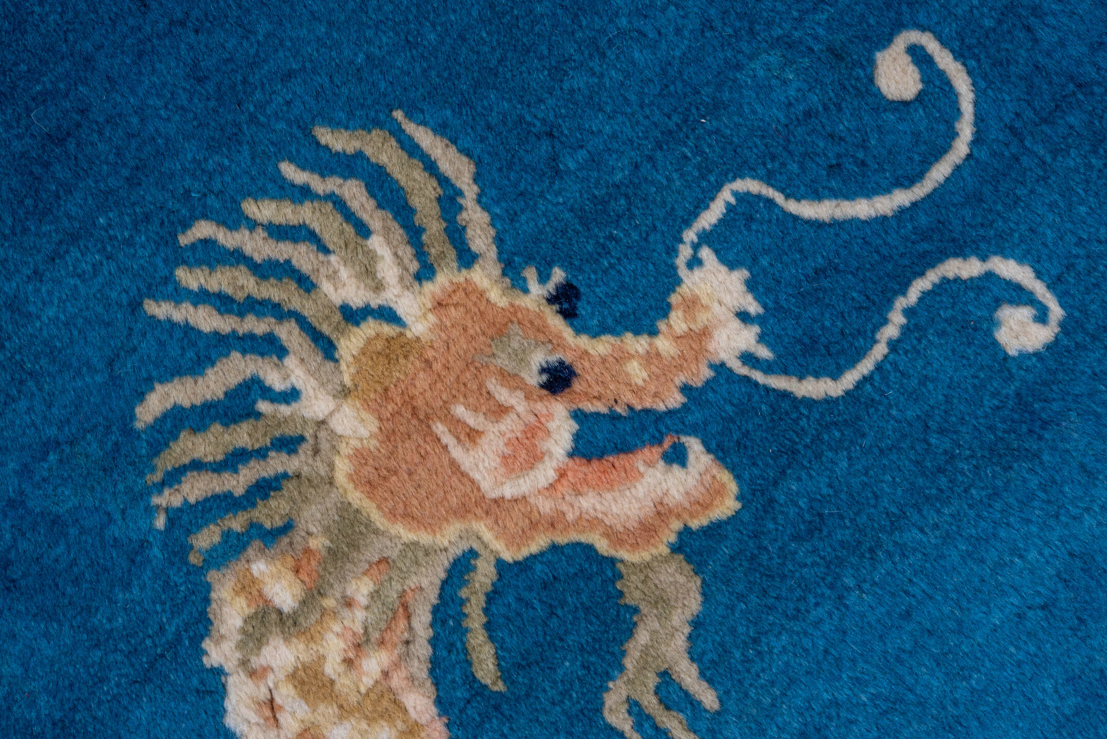 6' x 6' one-of-a-kind handmade vintage Chinese rug. Color palette: blue, ivory, peach, navy, taupe, camel, terracotta, pink
