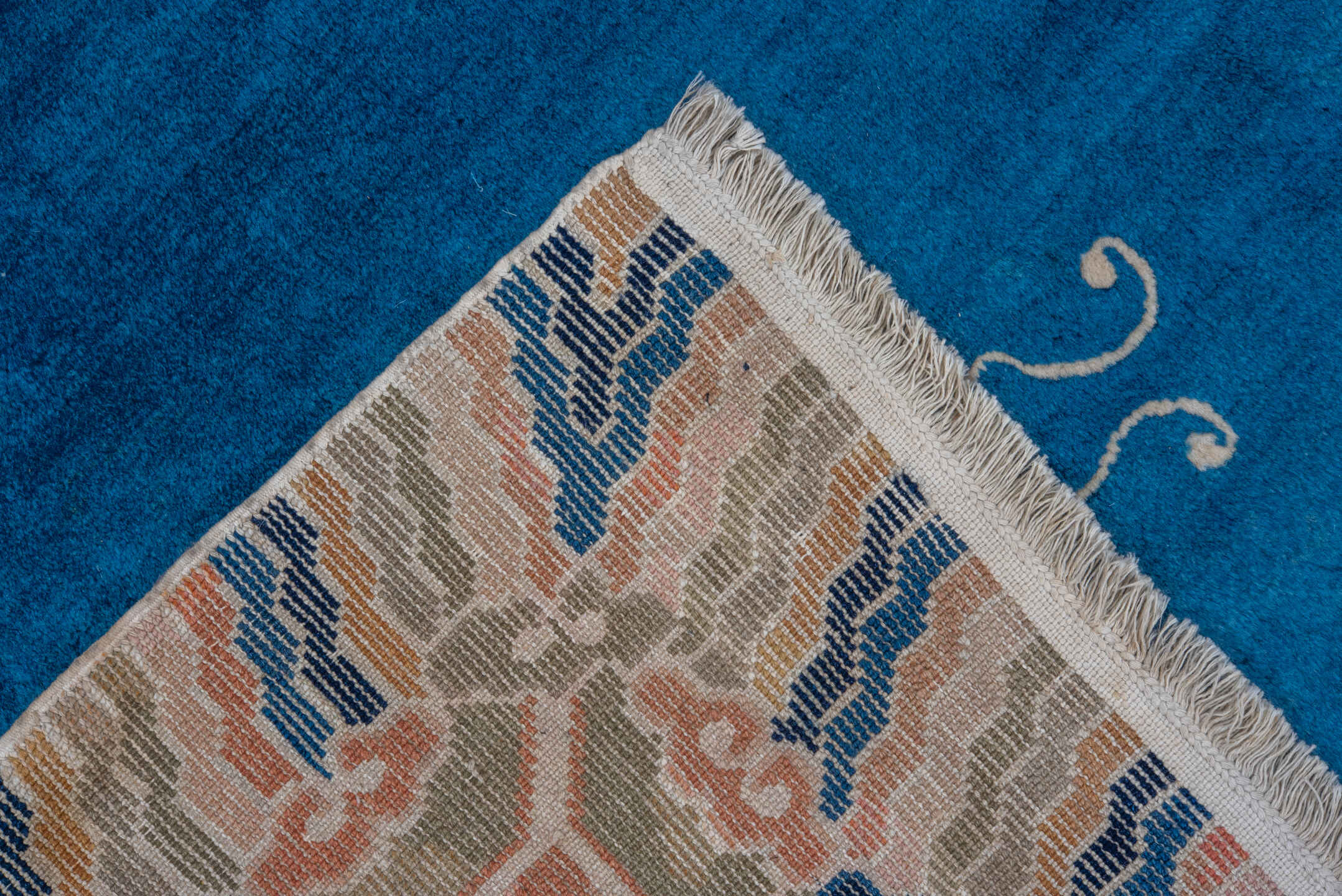 6' x 6' one-of-a-kind handmade vintage Chinese rug. Color palette: blue, ivory, peach, navy, taupe, camel, terracotta, pink