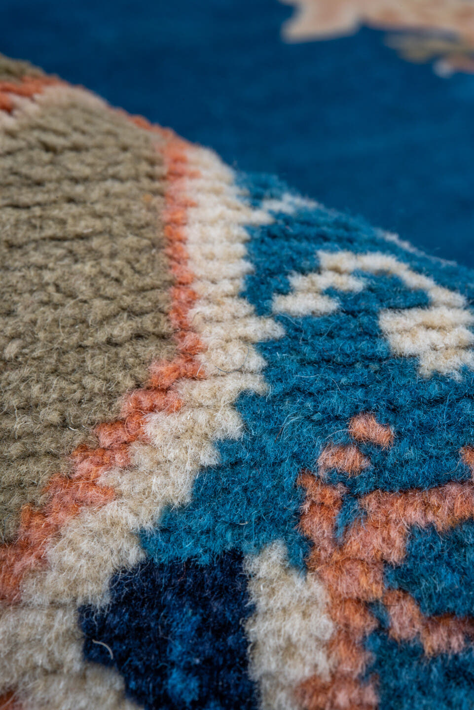 6' x 6' one-of-a-kind handmade vintage Chinese rug. Color palette: blue, ivory, peach, navy, taupe, camel, terracotta, pink