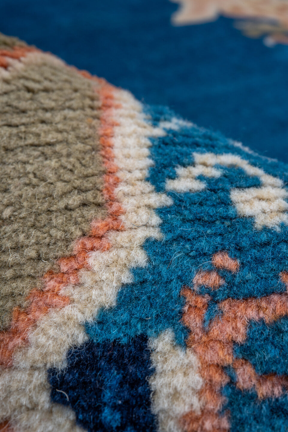 6' x 6' one-of-a-kind handmade vintage Chinese rug. Color palette: blue, ivory, peach, navy, taupe, camel, terracotta, pink
