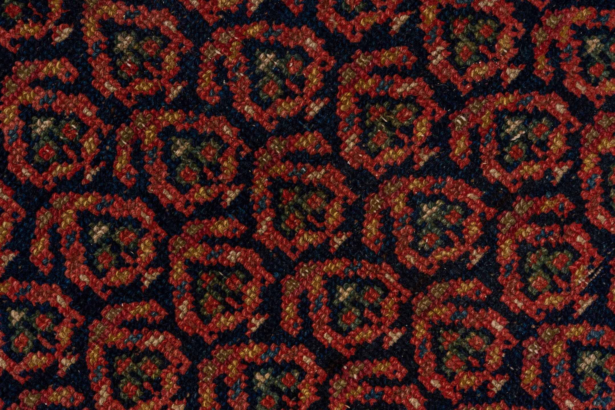 5' x 11' one-of-a-kind handmade vintage Malayer rug. Color palette: rust, navy, ivory, burgundy, camel, charcoal, terracotta