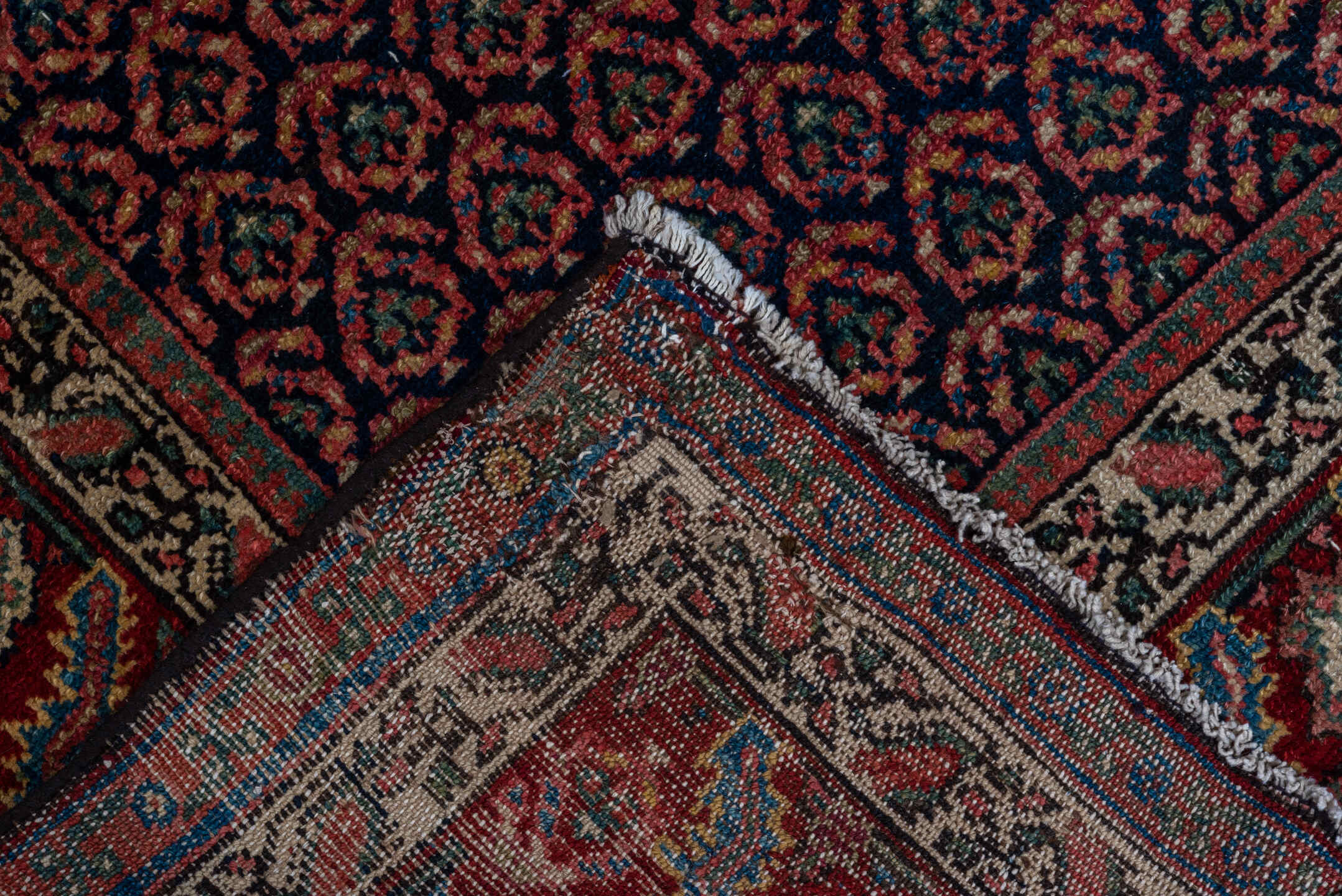 5' x 11' one-of-a-kind handmade vintage Malayer rug. Color palette: rust, navy, ivory, burgundy, camel, charcoal, terracotta