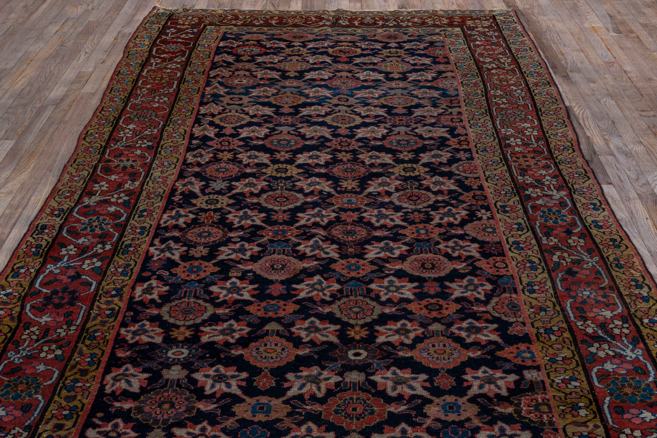 5' x 12' one-of-a-kind handmade vintage Malayer rug. Color palette: navy, rust, camel, ivory, rose, slate, charcoal, blue
