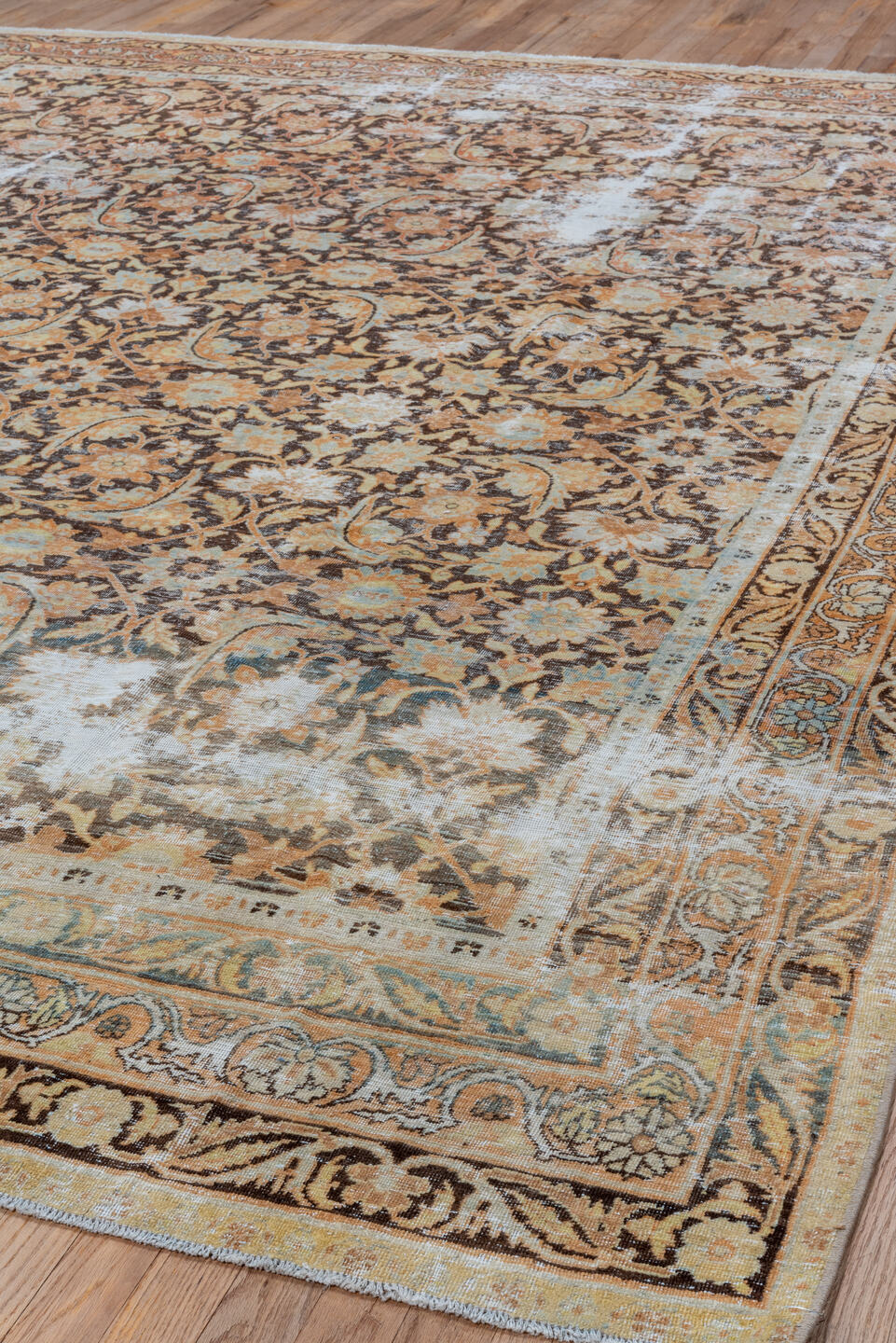 8' x 10' one-of-a-kind handmade vintage Lavar large size rug. Color palette: brown, ivory, camel, taupe, terra cotta