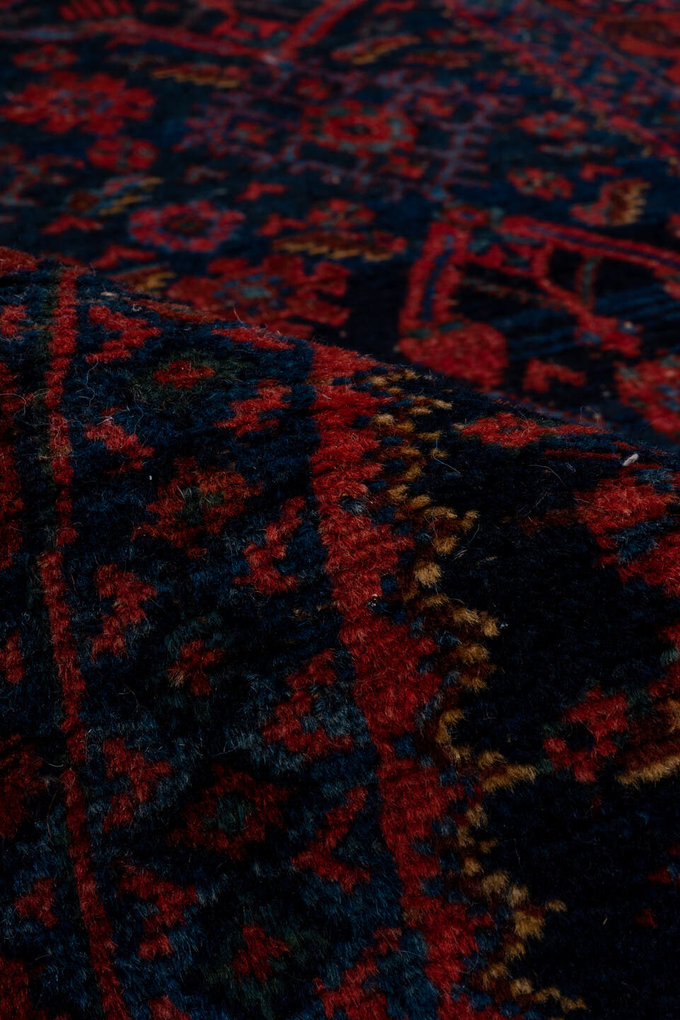 4' x 7' one-of-a-kind handmade vintage Bidjar rug. Color palette: navy, rust, crimson, indigo, burgundy, ivory, blue