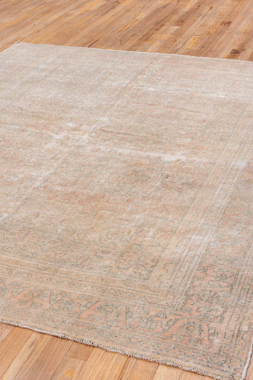 6' x 7' one-of-a-kind handmade vintage Khorassan rug. Color palette: ivory, blush, taupe, beige, sage, sand, pink, gray