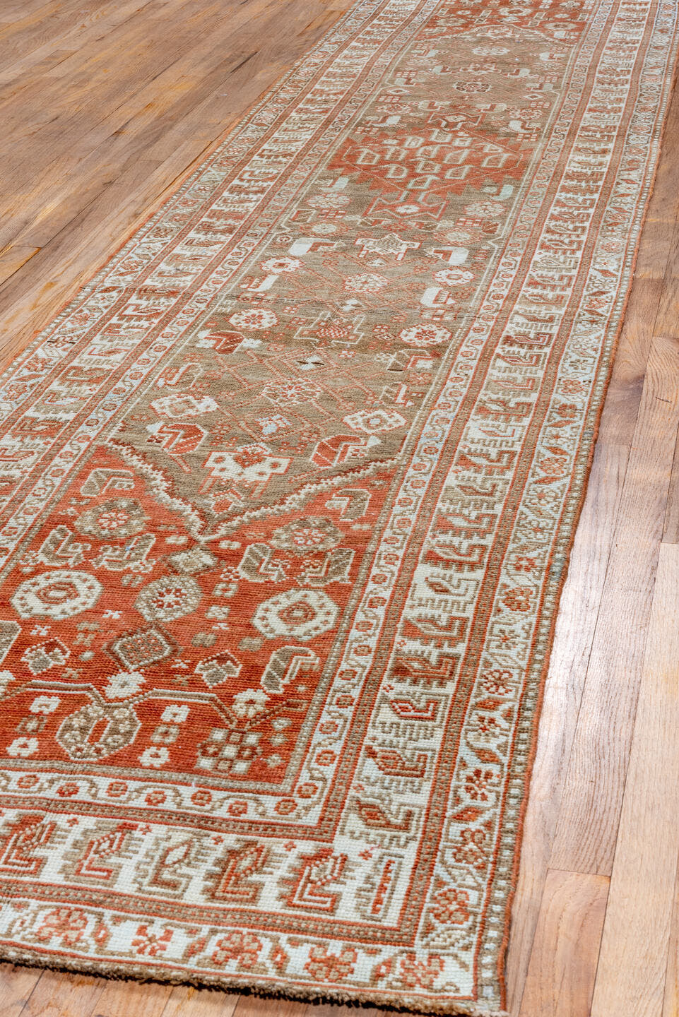 2' x 13' one-of-a-kind handmade vintage Malayer runner rug. Color palette: terra cotta, taupe, ivory, rust, camel, brown