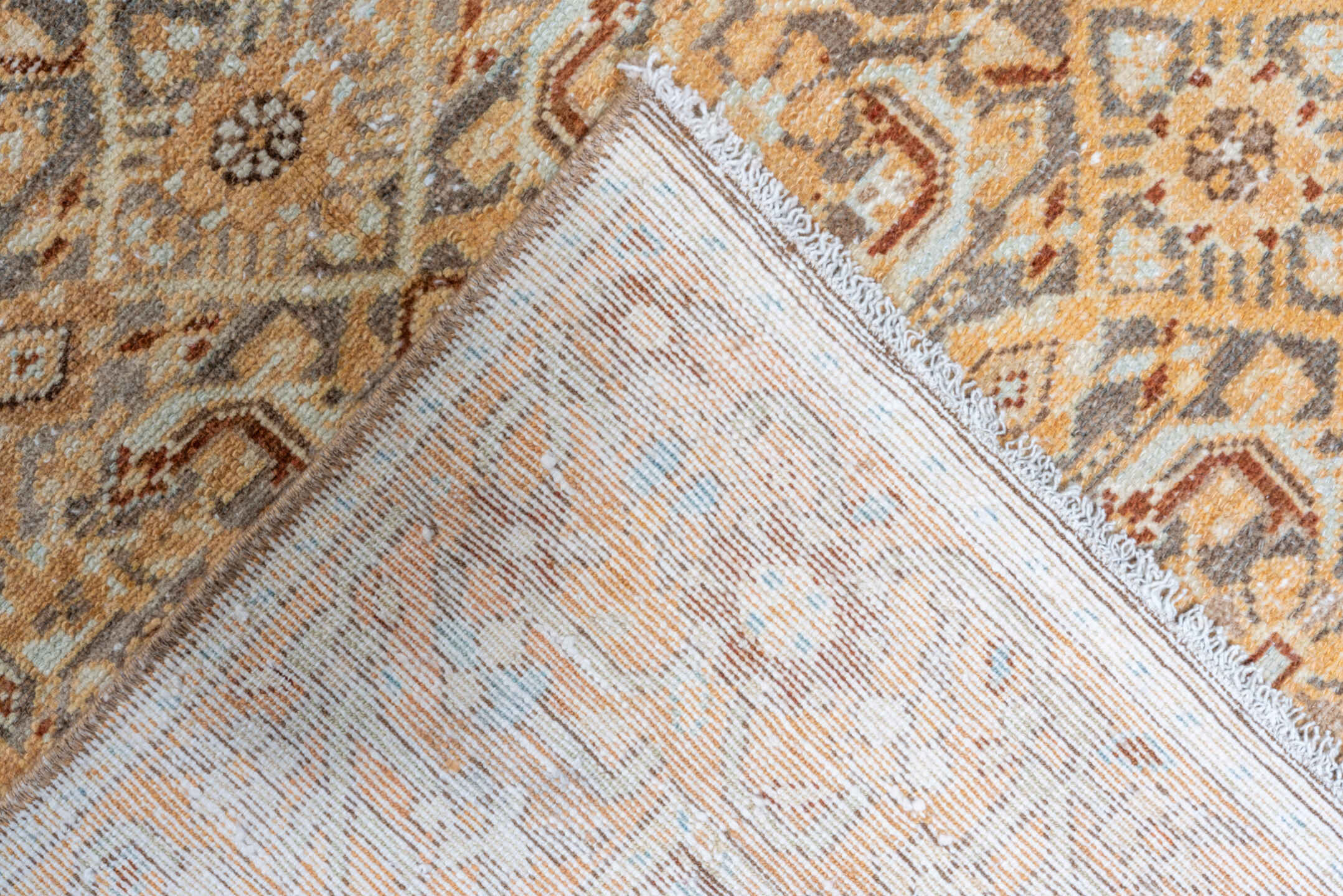 3' x 16' one-of-a-kind handmade vintage Malayer runner rug. Color palette: camel, ivory, sky_blue, taupe, gold, brown, beige