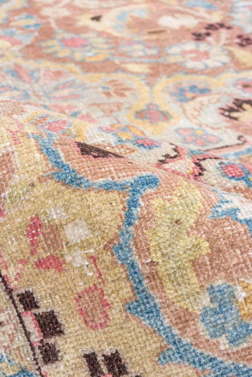4' x 5' one-of-a-kind handmade vintage Tabriz small size rug. Color palette: ivory, sky blue, camel, rose, taupe, gold