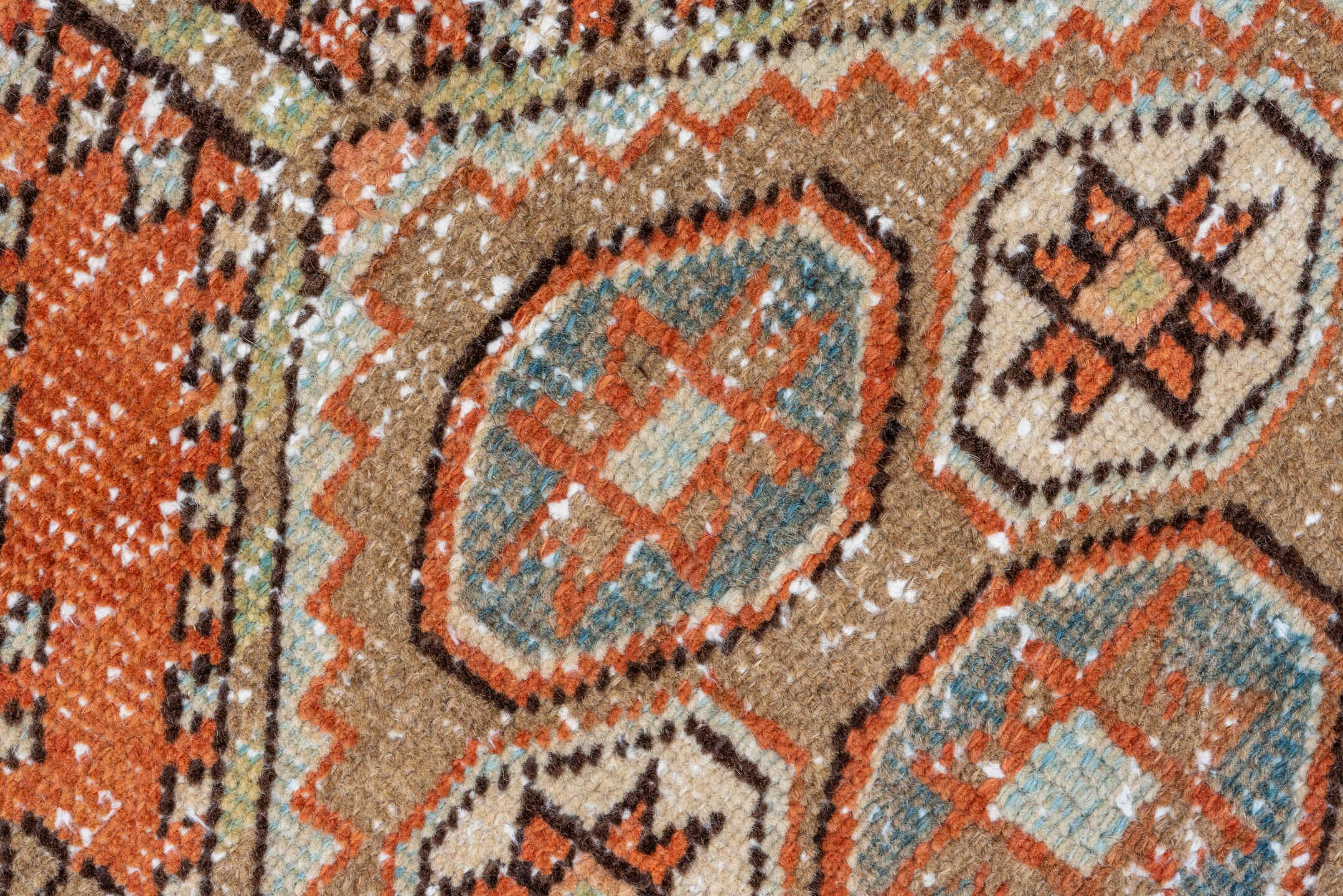 2' x 10' one-of-a-kind handmade vintage Heriz runner rug. Color palette: terra cotta, ivory, pale blue, taupe, rust, sage