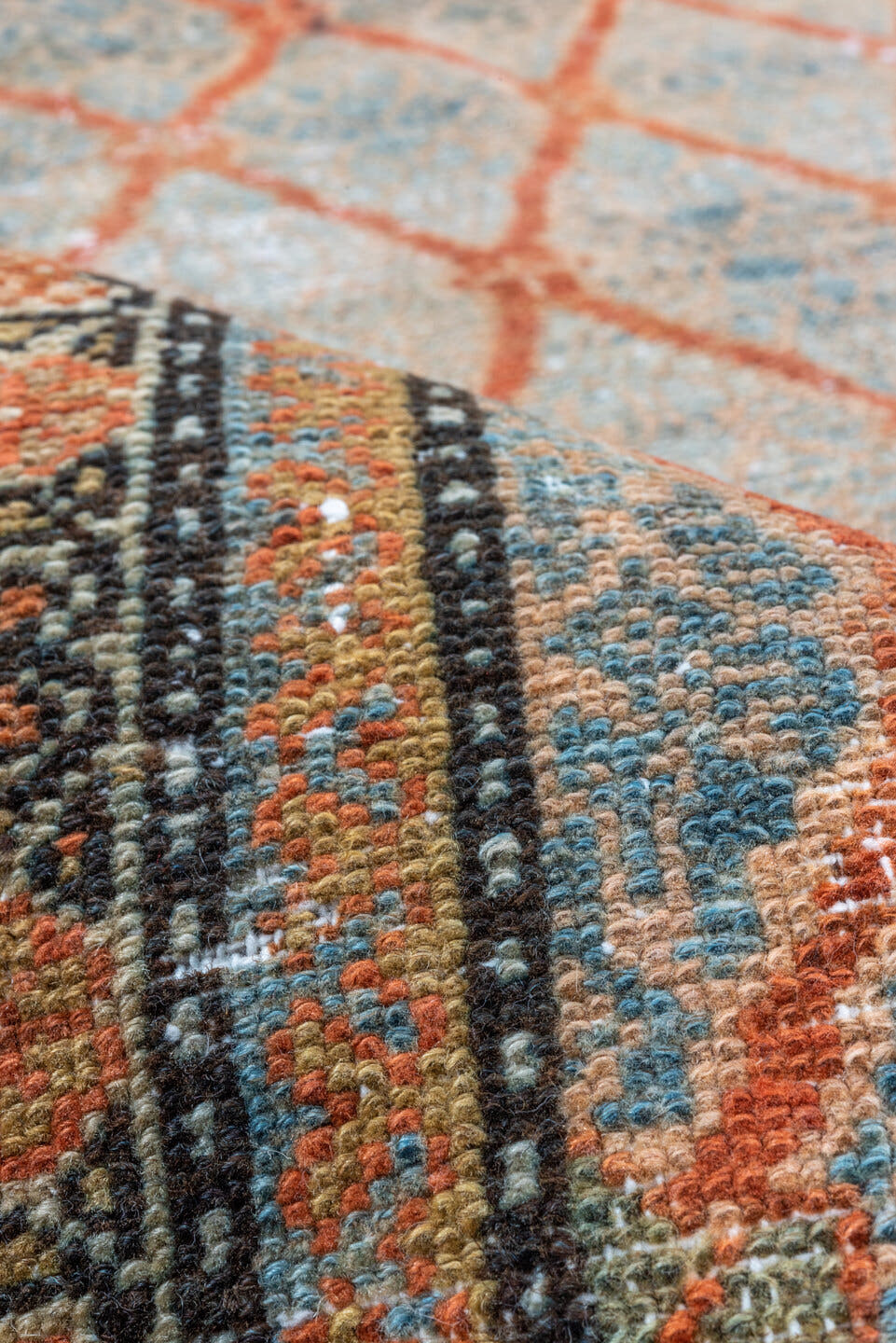 4' x 10' one-of-a-kind handmade vintage Malayer runner rug. Color palette: pale blue, rust, ivory, charcoal, taupe, camel