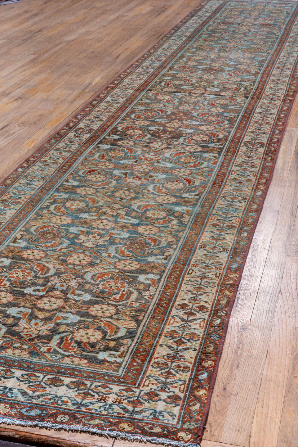 3' x 17' one-of-a-kind handmade vintage Malayer runner rug. Color palette: light blue, ivory, rust, navy, camel, brown