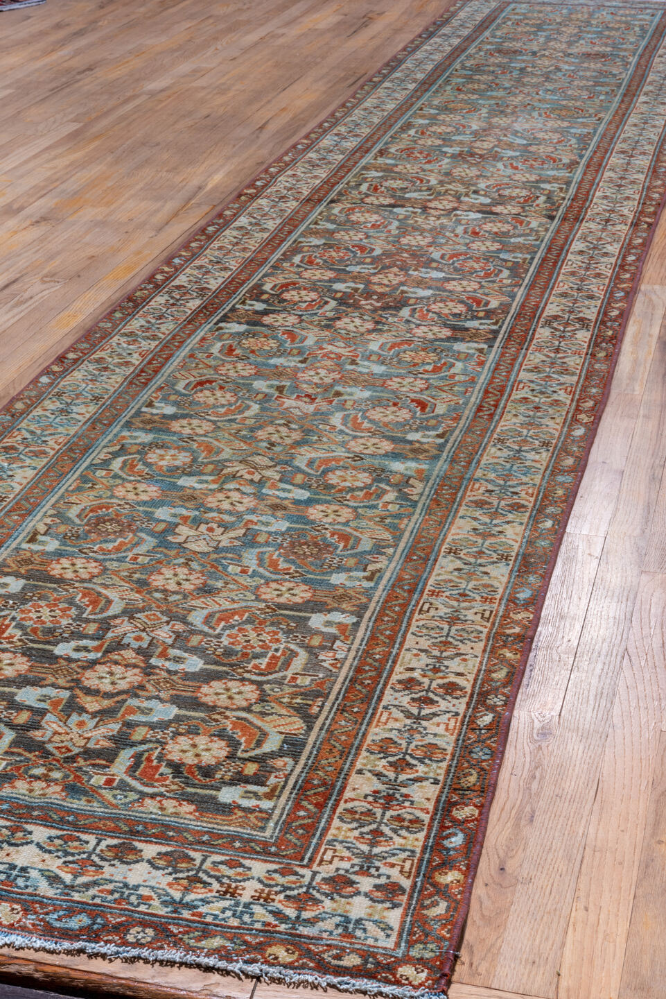 3' x 17' one-of-a-kind handmade vintage Malayer runner rug. Color palette: light blue, ivory, rust, navy, camel, brown