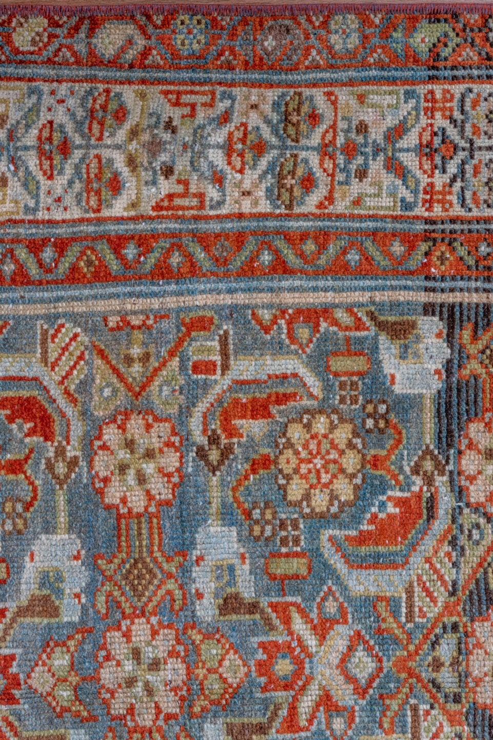 3' x 17' one-of-a-kind handmade vintage Malayer runner rug. Color palette: light blue, ivory, rust, navy, camel, brown