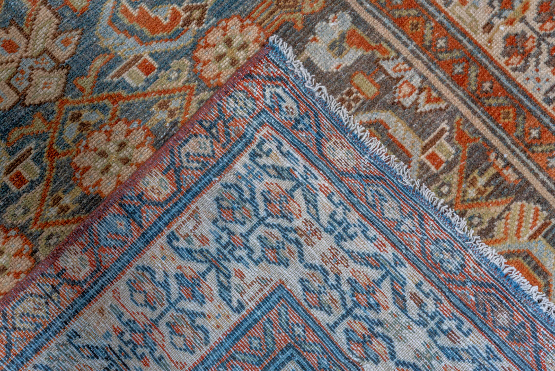 3' x 17' one-of-a-kind handmade vintage Malayer runner rug. Color palette: light blue, ivory, rust, navy, camel, brown